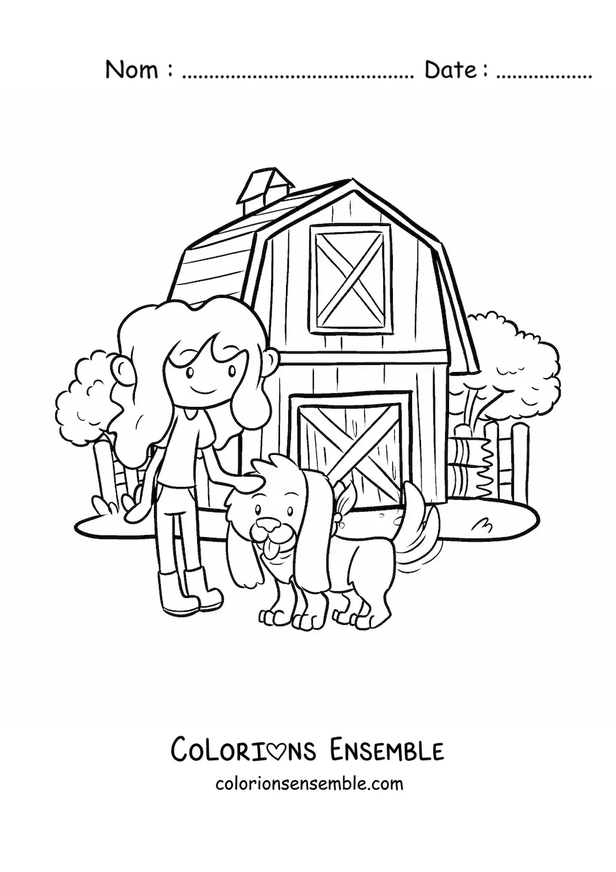 Coloriage d'une fermière avec un chien dans la ferme kawaii