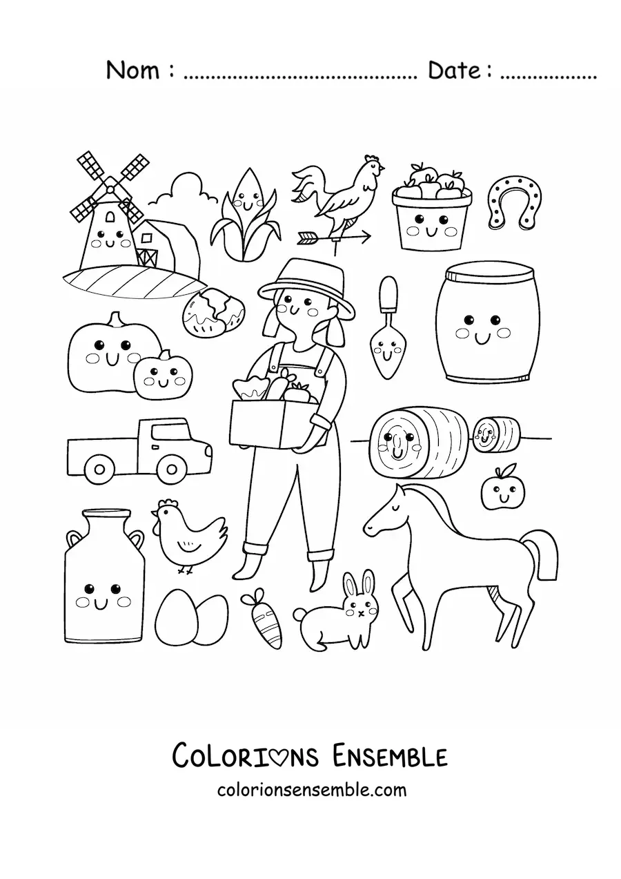 Coloriage d’une fermière et de petits objets kawaii animés