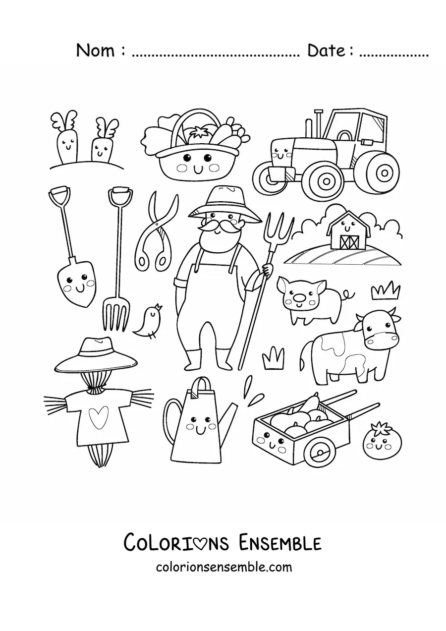 Coloriage d’un fermier et de petits objets kawaii animés