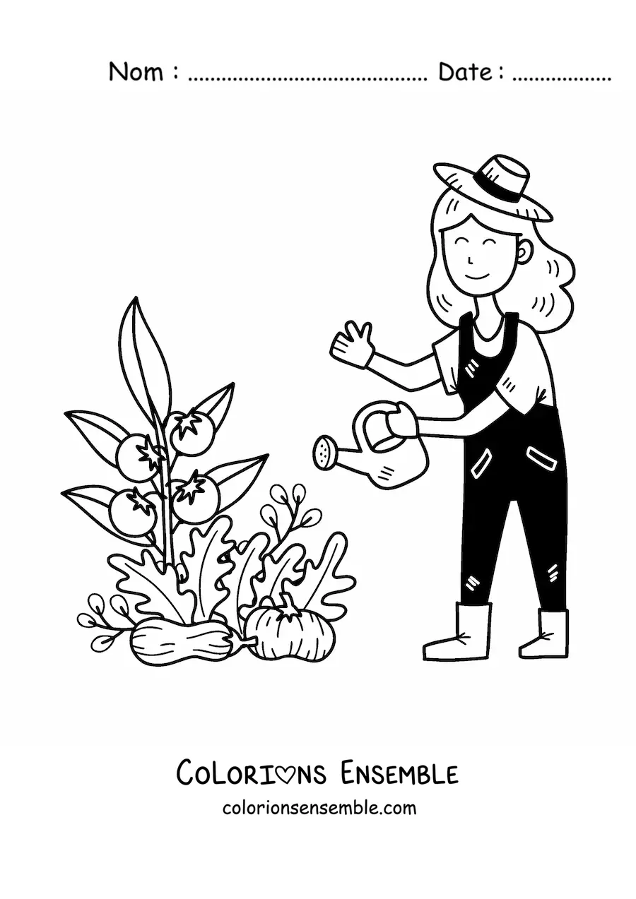 Coloriage d’une fermière kawaii qui arrose un plant de tomate
