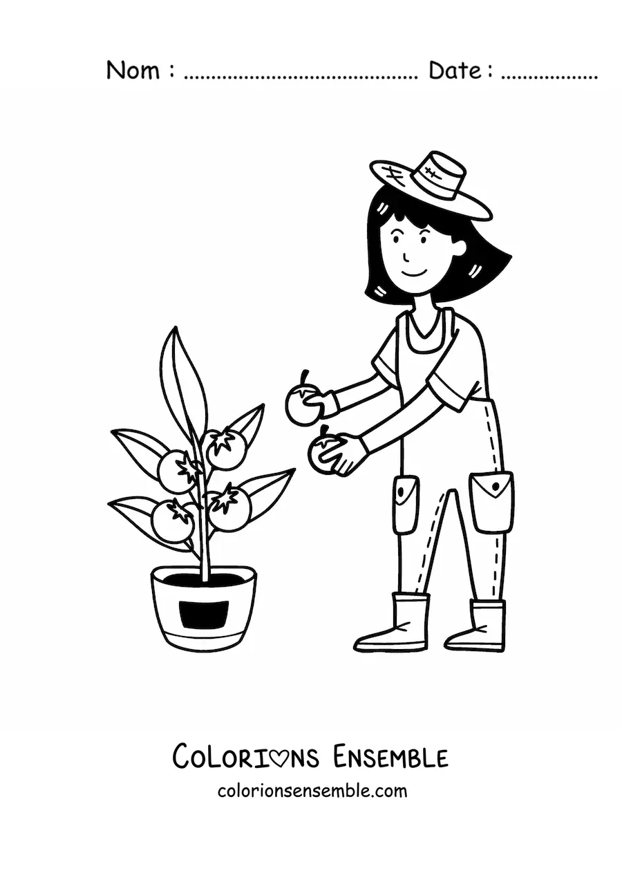 Coloriage d’une fermière kawaii qui récolte des tomates