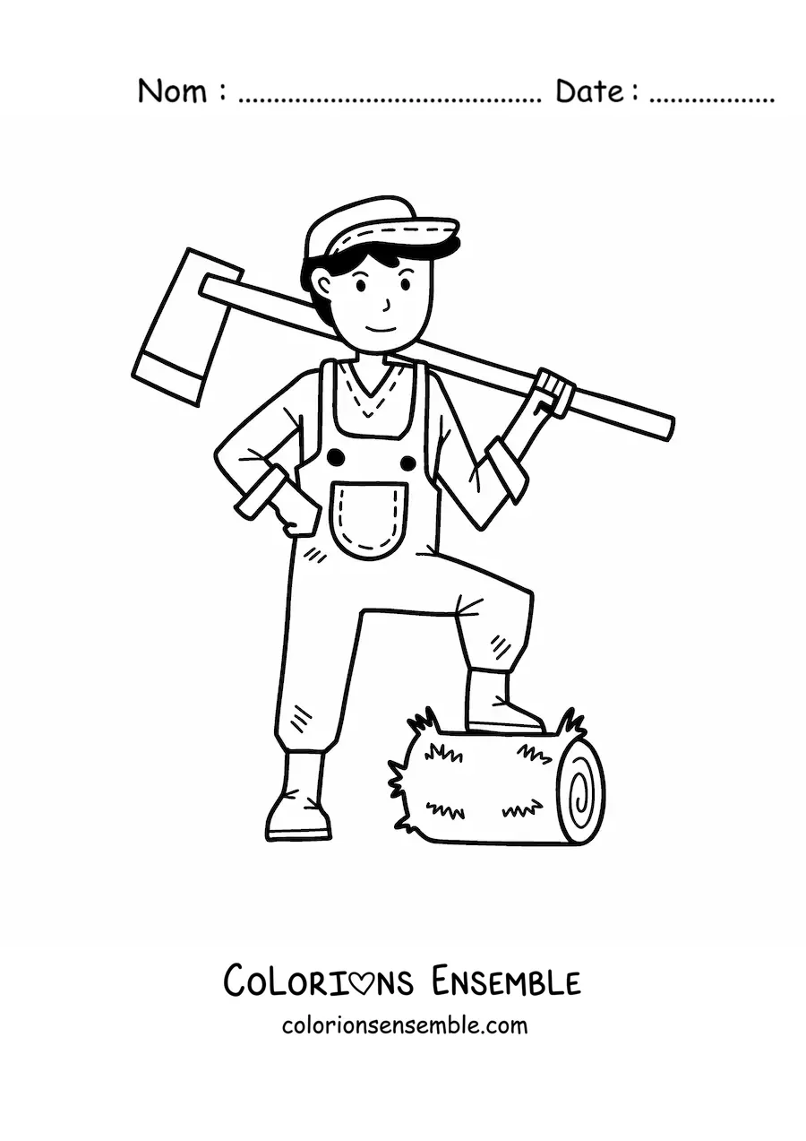 Coloriage d’un fermier kawaii qui coupe du bois de chauffage
