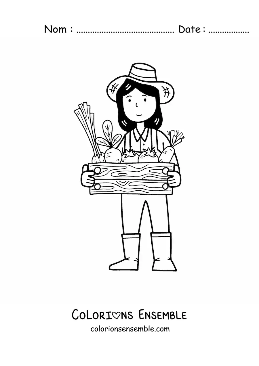 Coloriage d’une fermière kawaii avec des légumes récoltés dans une caisse