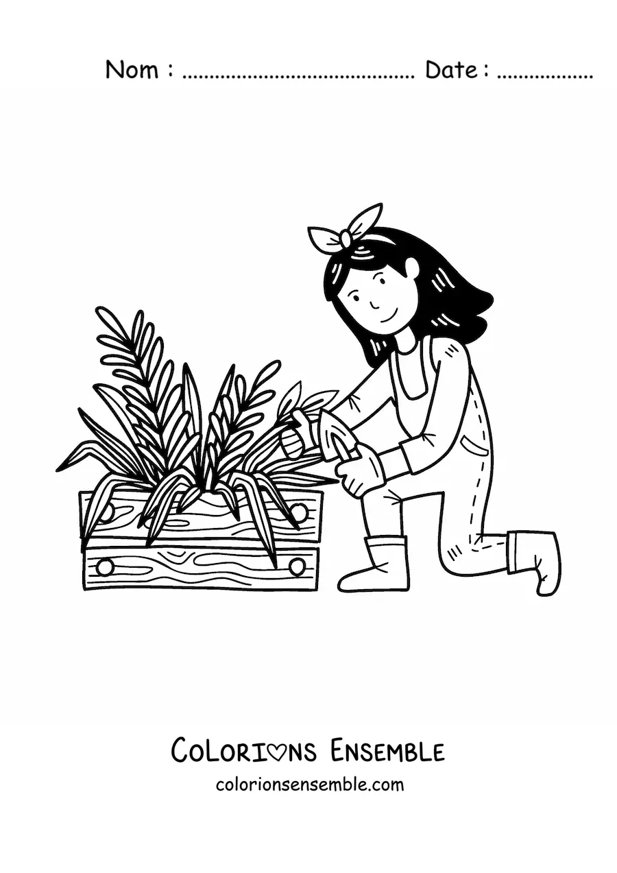 Coloriage d’une petite fermière kawaii en train de planter