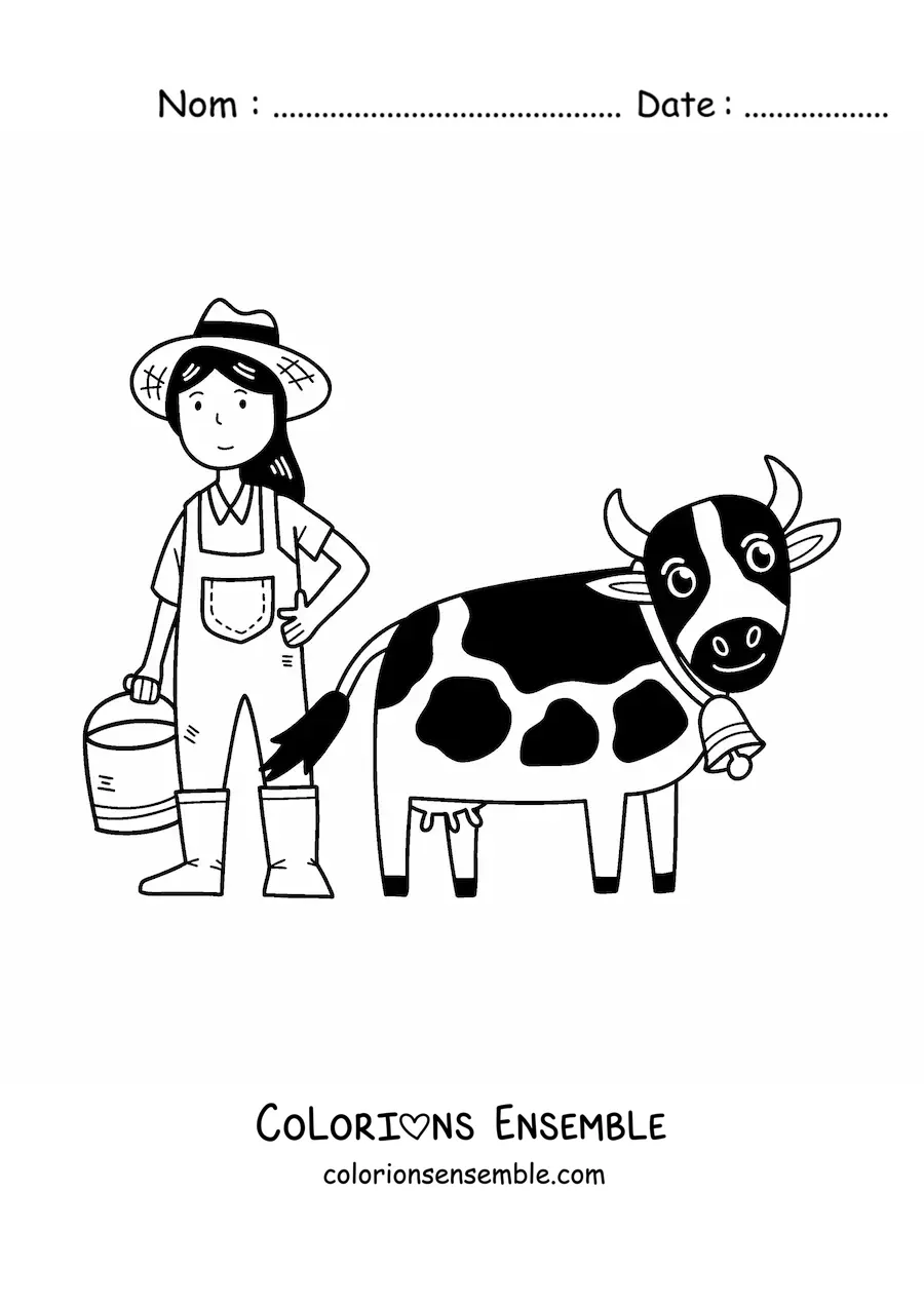 Coloriage d’une petite fermière kawaii qui trait une vache