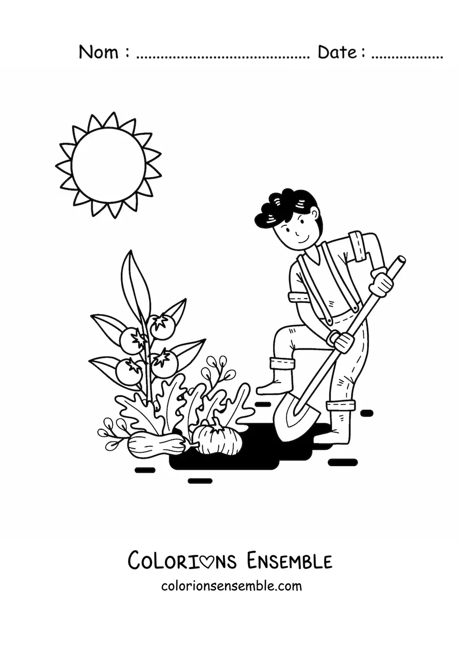 Coloriage d’un petit fermier kawaii qui plante des tomates sous le soleil