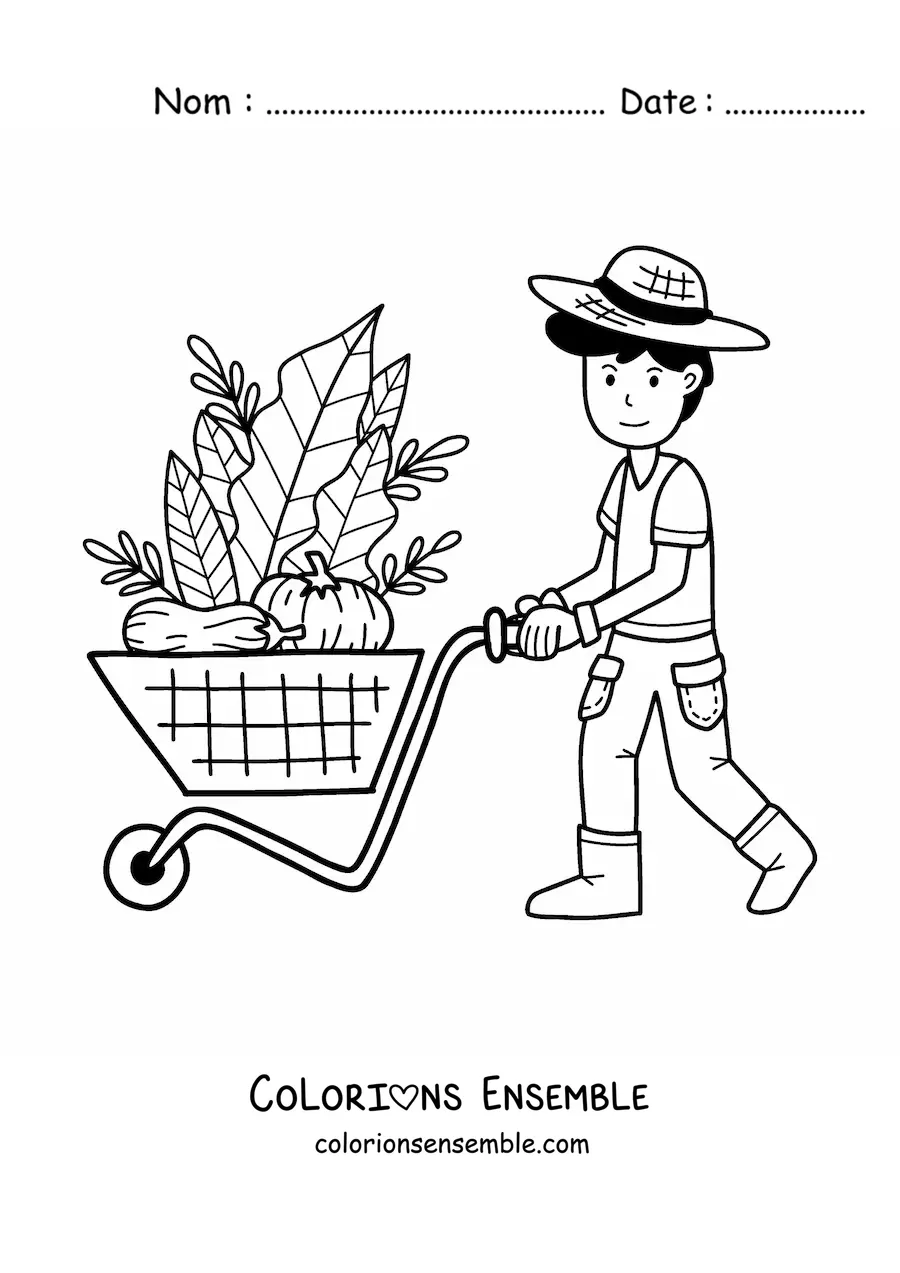 Coloriage d’un petit fermier kawaii qui tire une charrette remplie de légumes récoltés