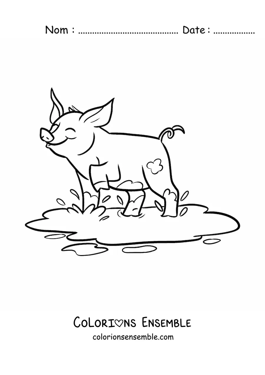 Coloriage d’un cochon kawaii qui joue dans la boue