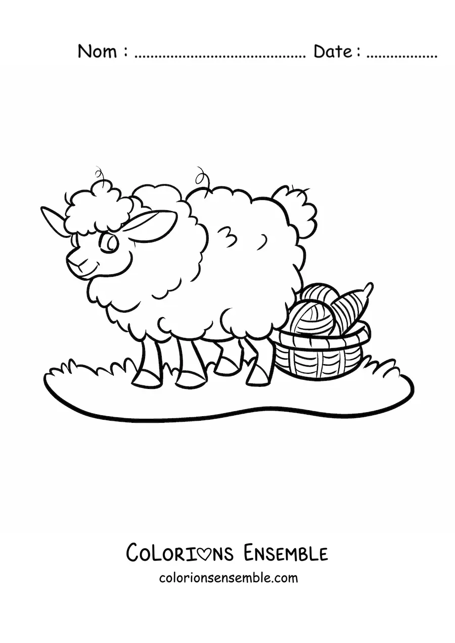 Coloriage d’un mouton kawaii à côté d’un panier de laine