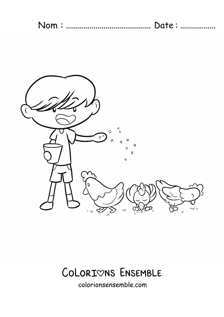 Coloriage d’un petit fermier kawaii qui nourrit les poussins