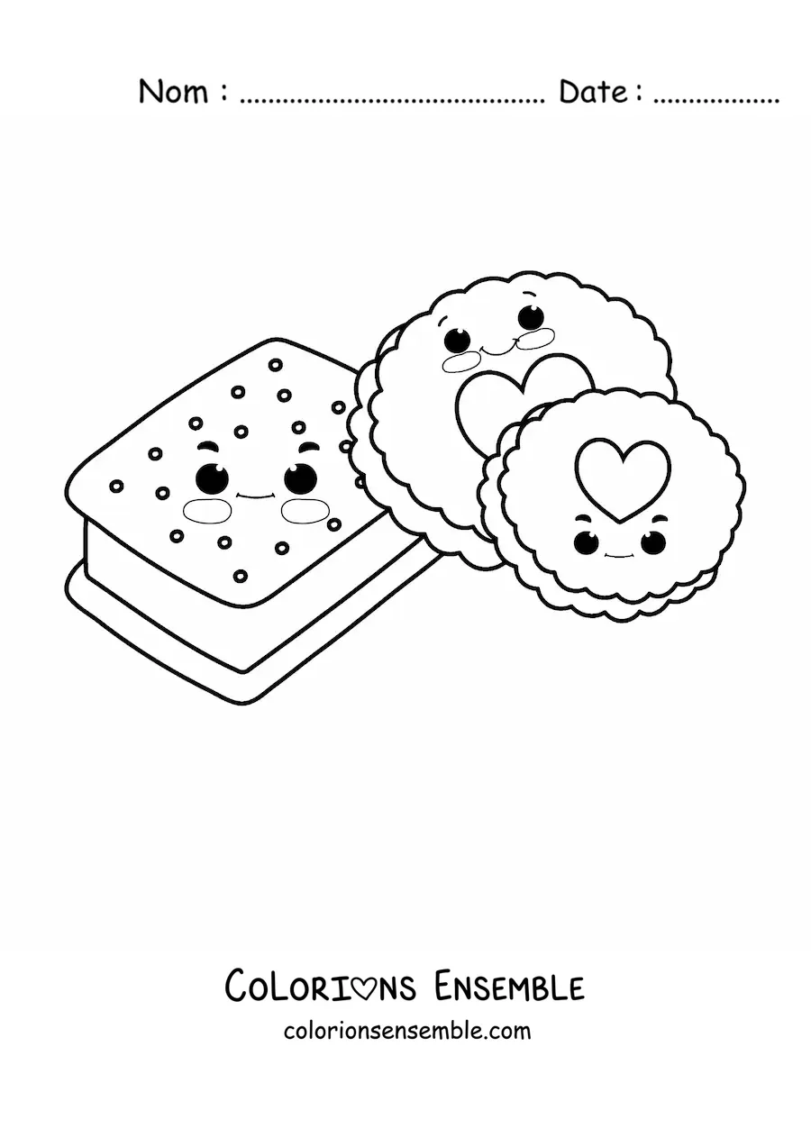 Image à colorier d'un sandwich à la glace et de deux biscuits avec un cœur au centre