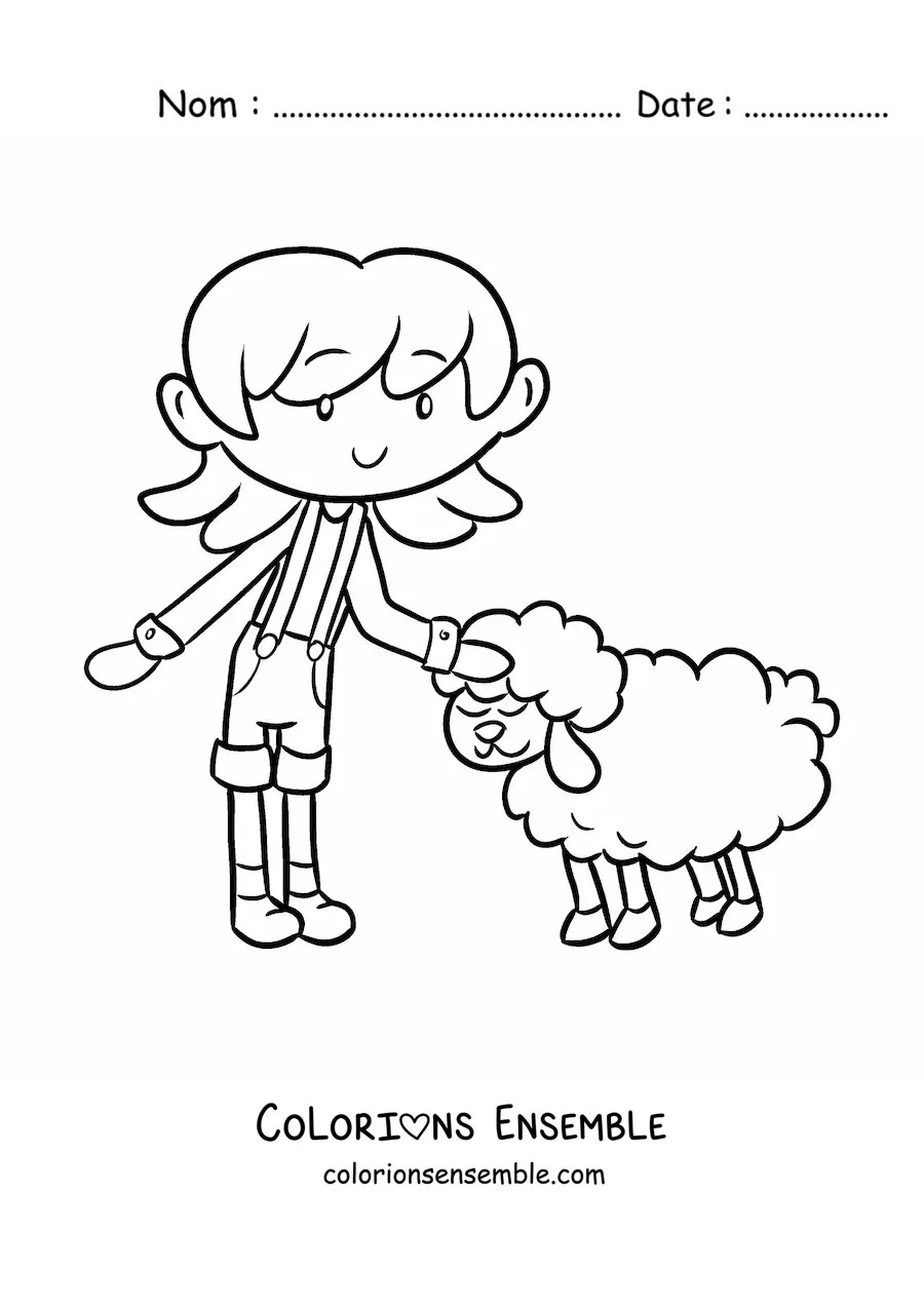 Coloriage d’une petite fermière kawaii qui caresse un mouton