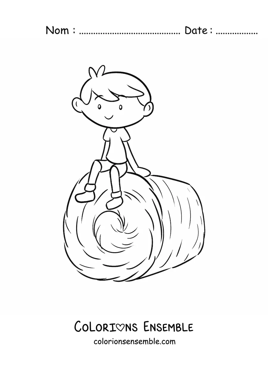 Coloriage d’un petit fermier kawaii assis sur une botte de foin