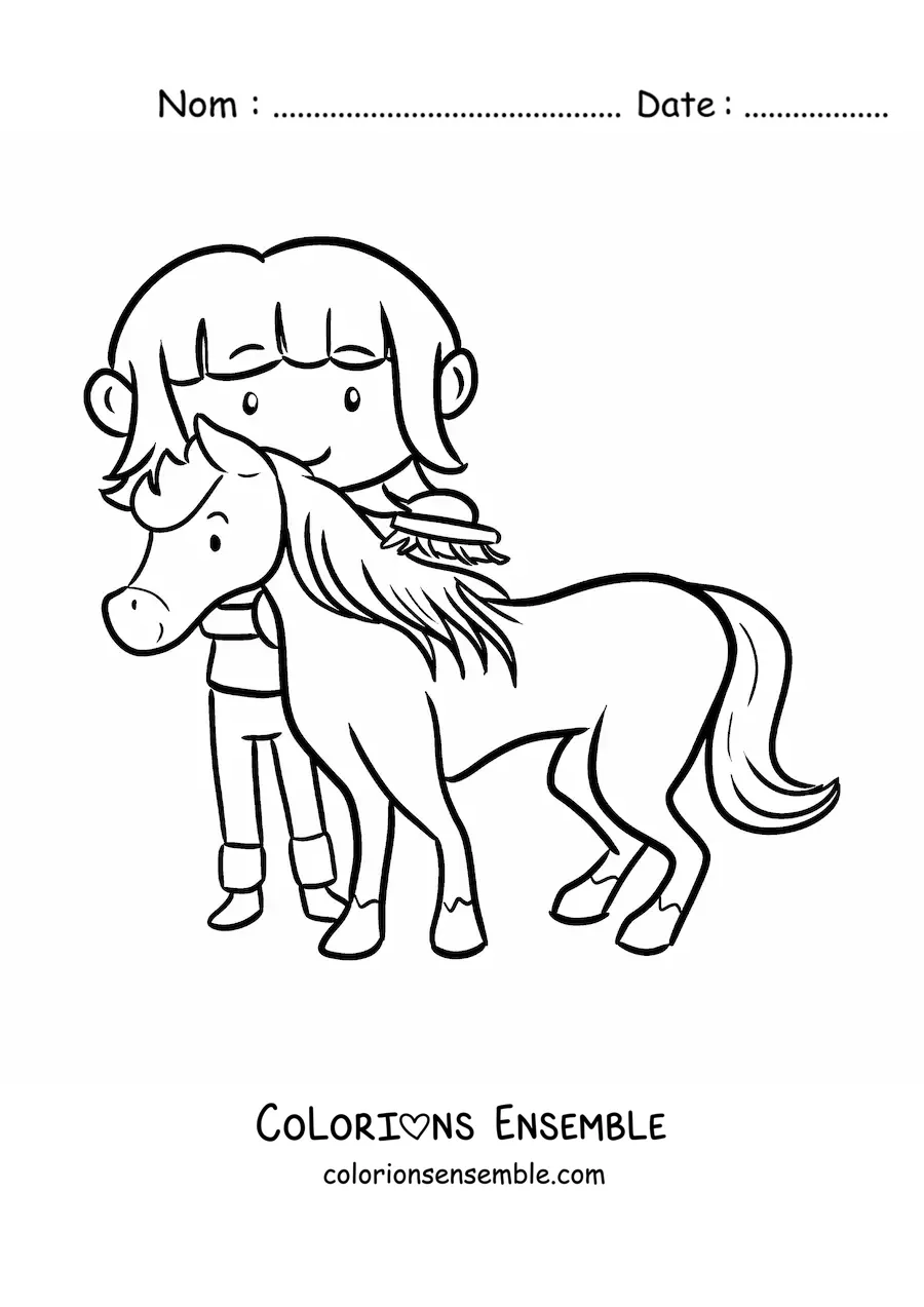Coloriage d’une petite fermière kawaii qui brosse un poney