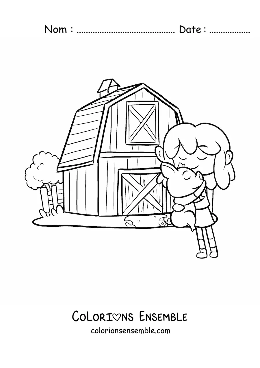 Coloriage d’une petite fermière kawaii avec un lapin à la ferme