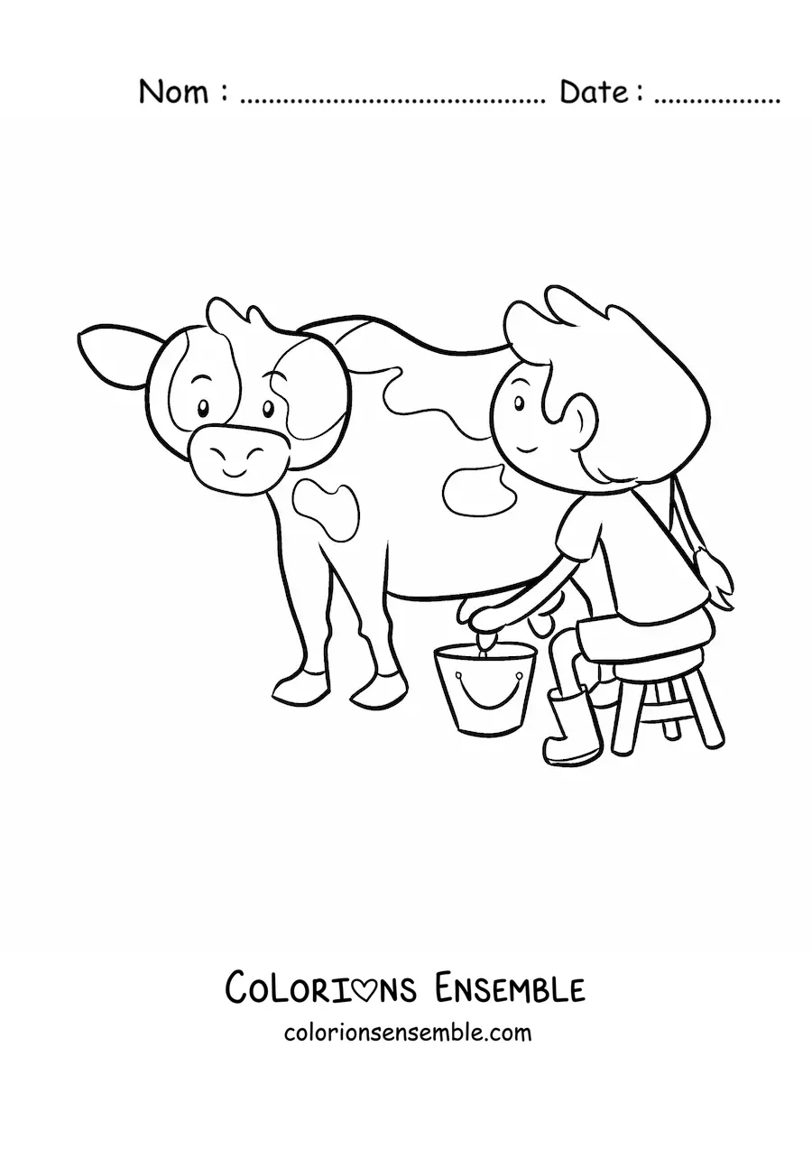Coloriage d’un petit fermier kawaii qui trait une vache