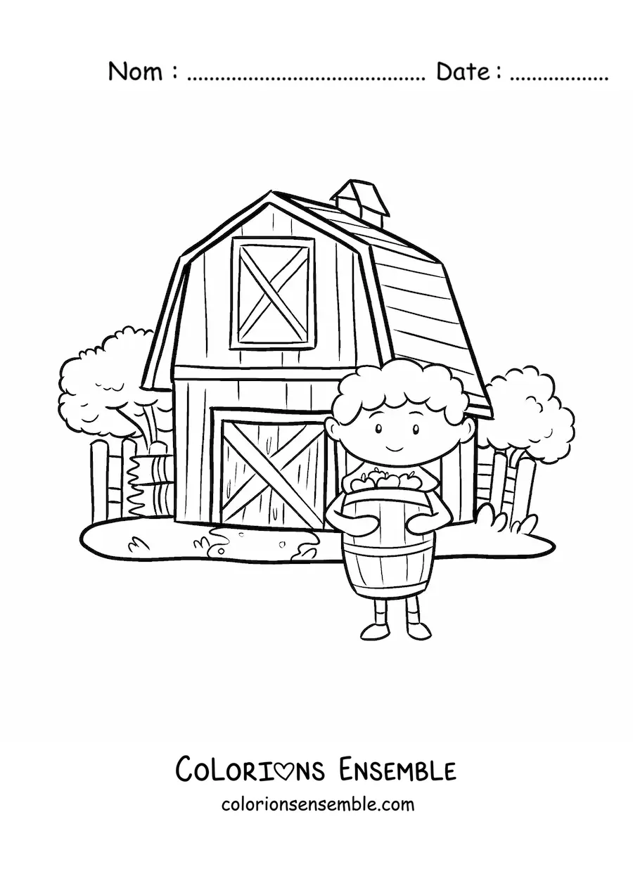 Coloriage d’un petit fermier kawaii avec un tonneau à la ferme