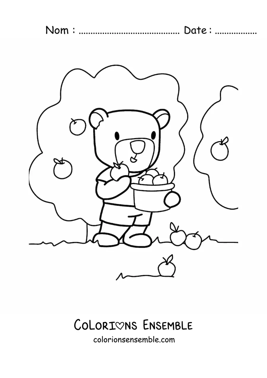 Coloriage d’un ours kawaii animé qui cueille des pommes dans les arbres pour remplir un panier