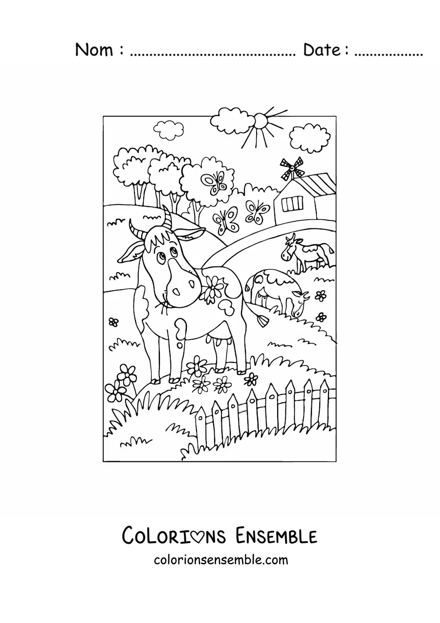 Coloriage de vaches animées qui broutent à la ferme