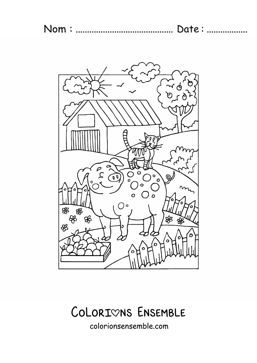 Coloriage d’un cochon animé et d’un chat à la ferme
