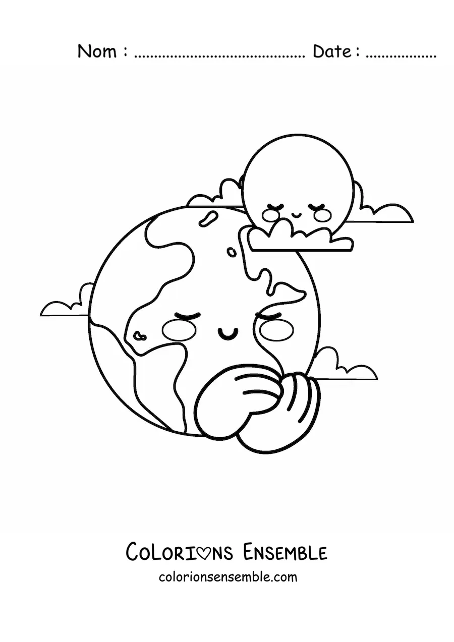 Coloriage de la planète Terre kawaii animée avec la Lune