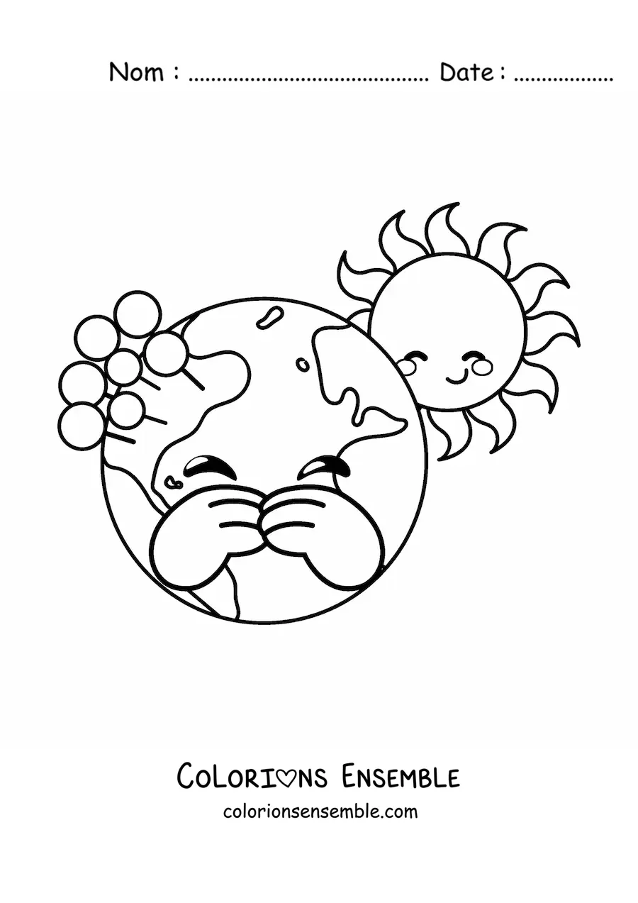 Coloriage de la planète Terre kawaii animée avec le Soleil