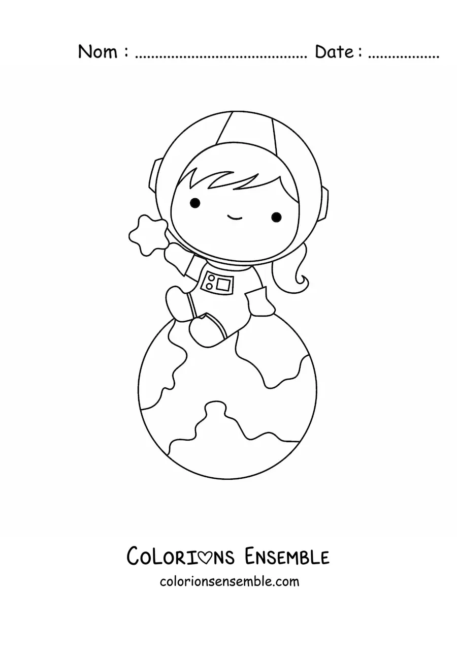 Coloriage d’une petite astronaute kawaii assise sur la planète Terre