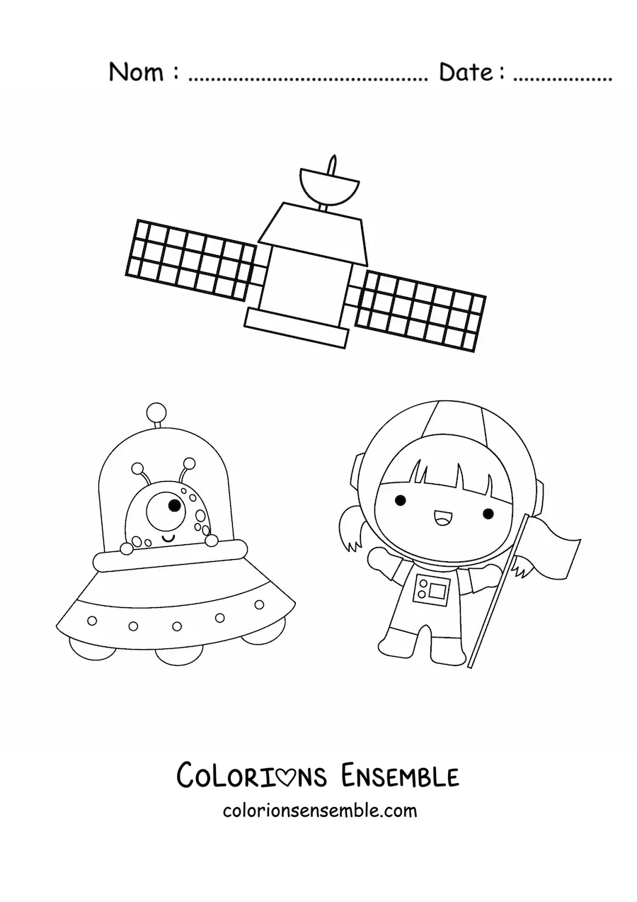 Coloriage d’une petite astronaute kawaii avec un extraterrestre et un satellite
