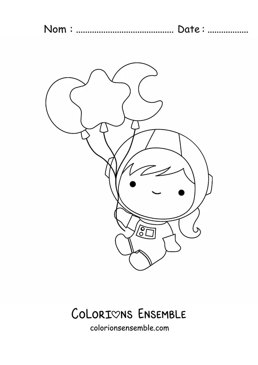 Coloriage d’une petite astronaute kawaii qui flotte avec des ballons en forme d’étoiles