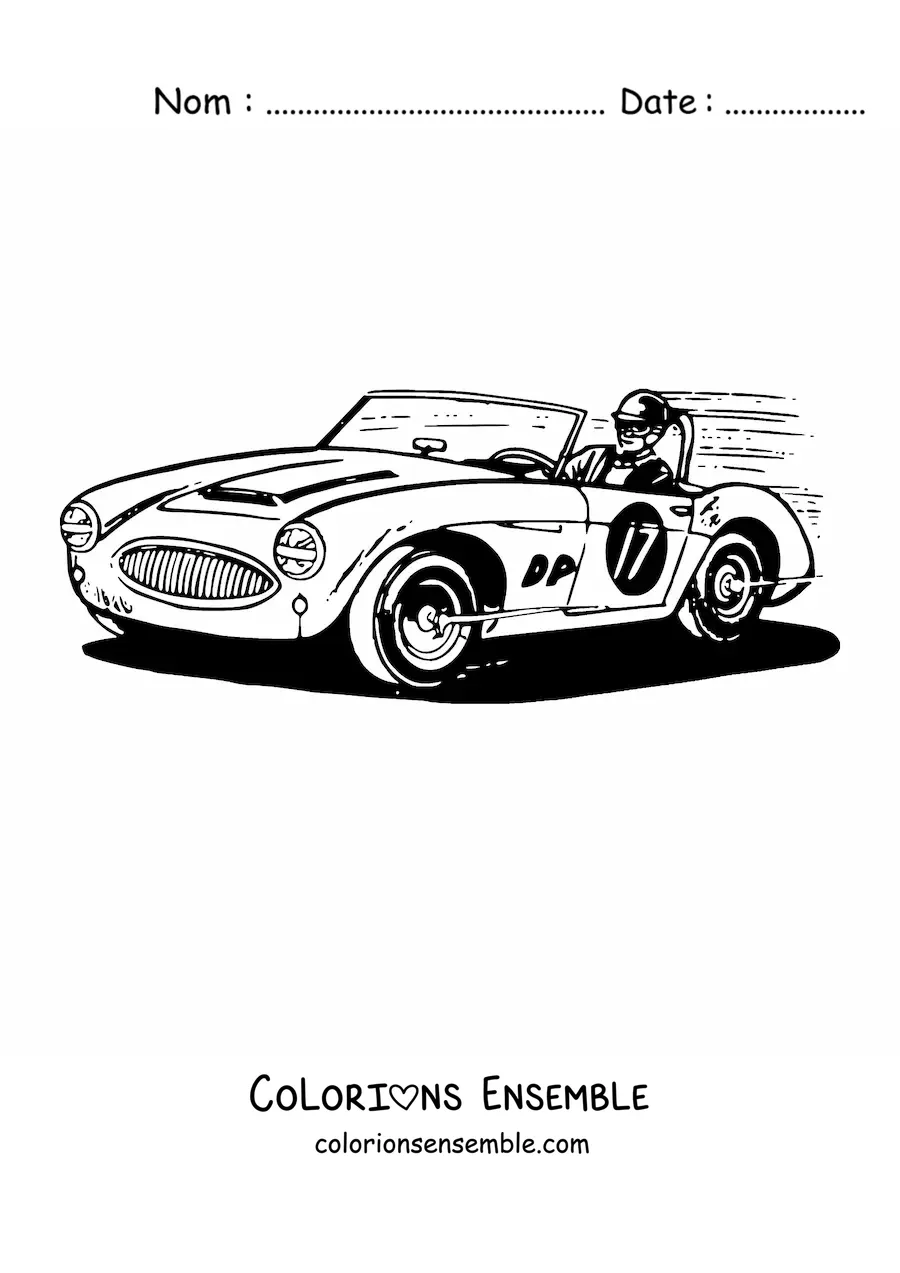 Image à colorier d’une voiture de course portant le numéro 17, avec son pilote lancé à toute vitesse
