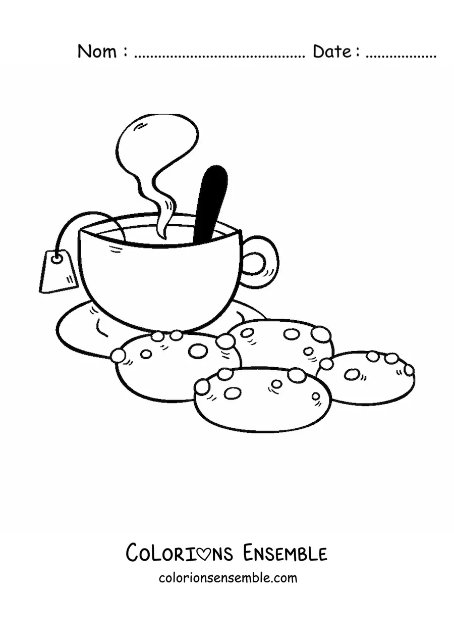 Image à colorier d'une tasse de thé fumante avec des biscuits
