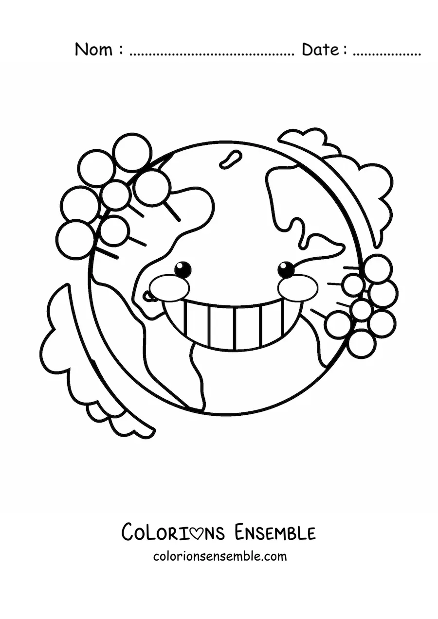 Coloriage de la planète Terre kawaii animée avec des arbres et son atmosphère