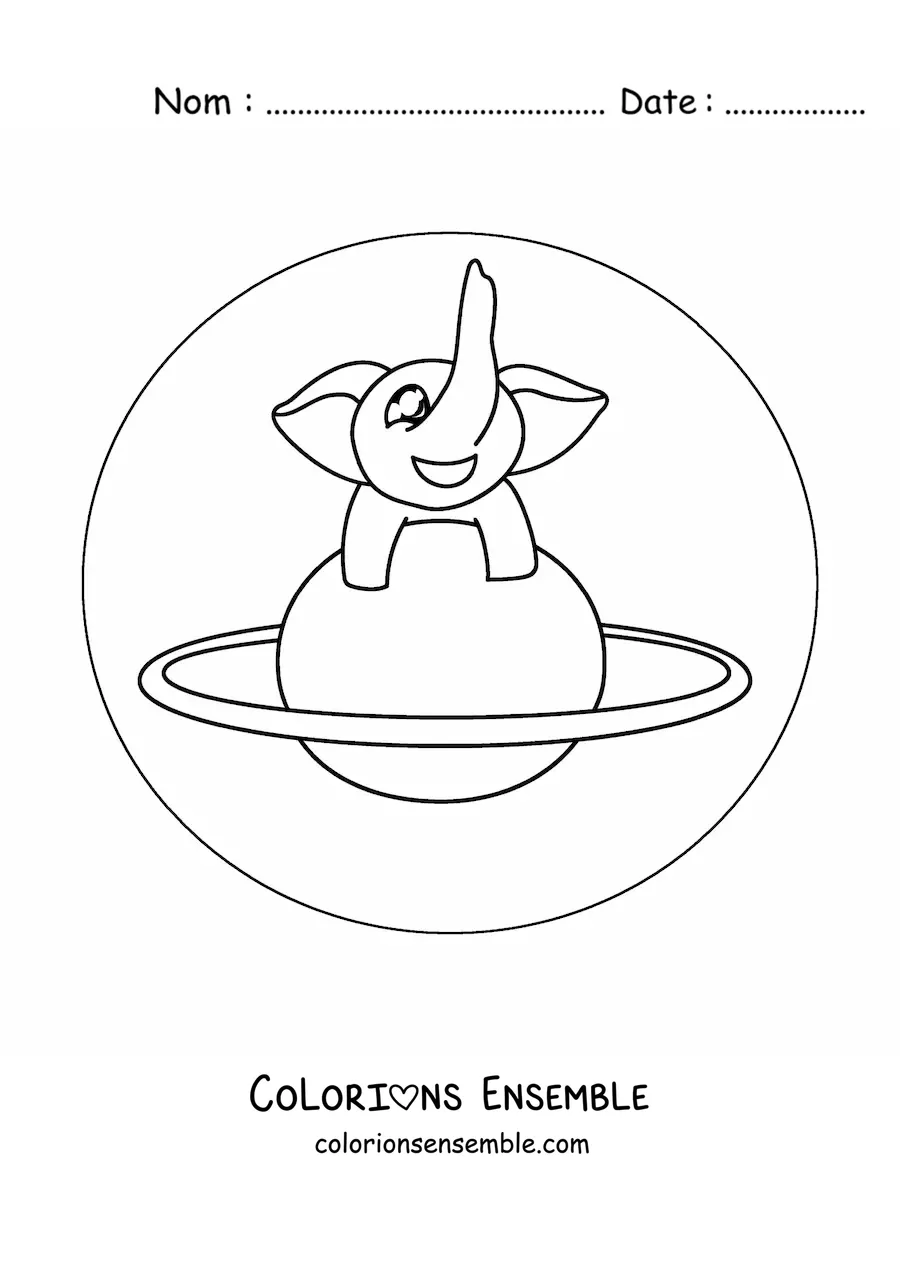 Coloriage d’un éléphant kawaii sur une planète