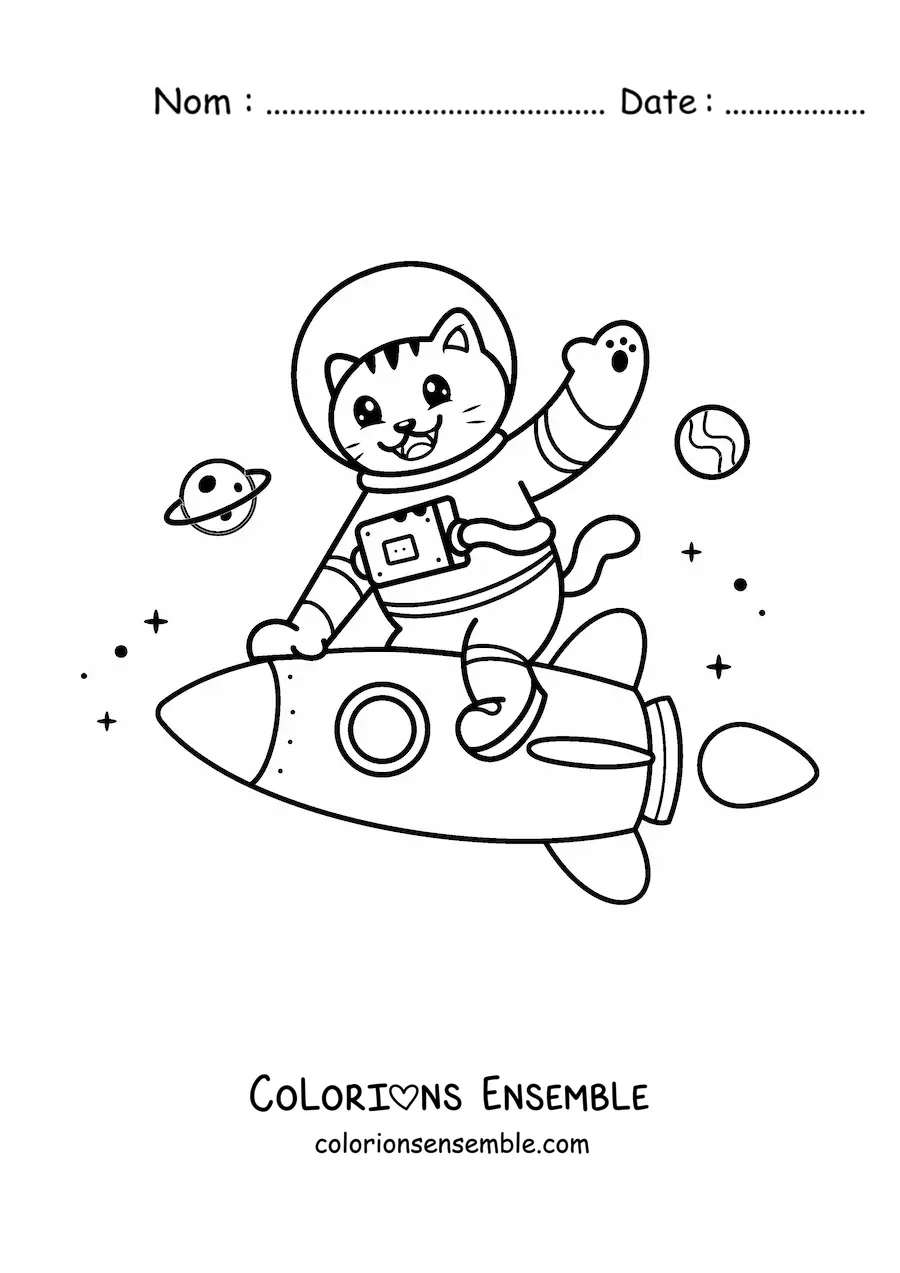 Coloriage d’un chat astronaute kawaii animé dans une fusée dans l’espace