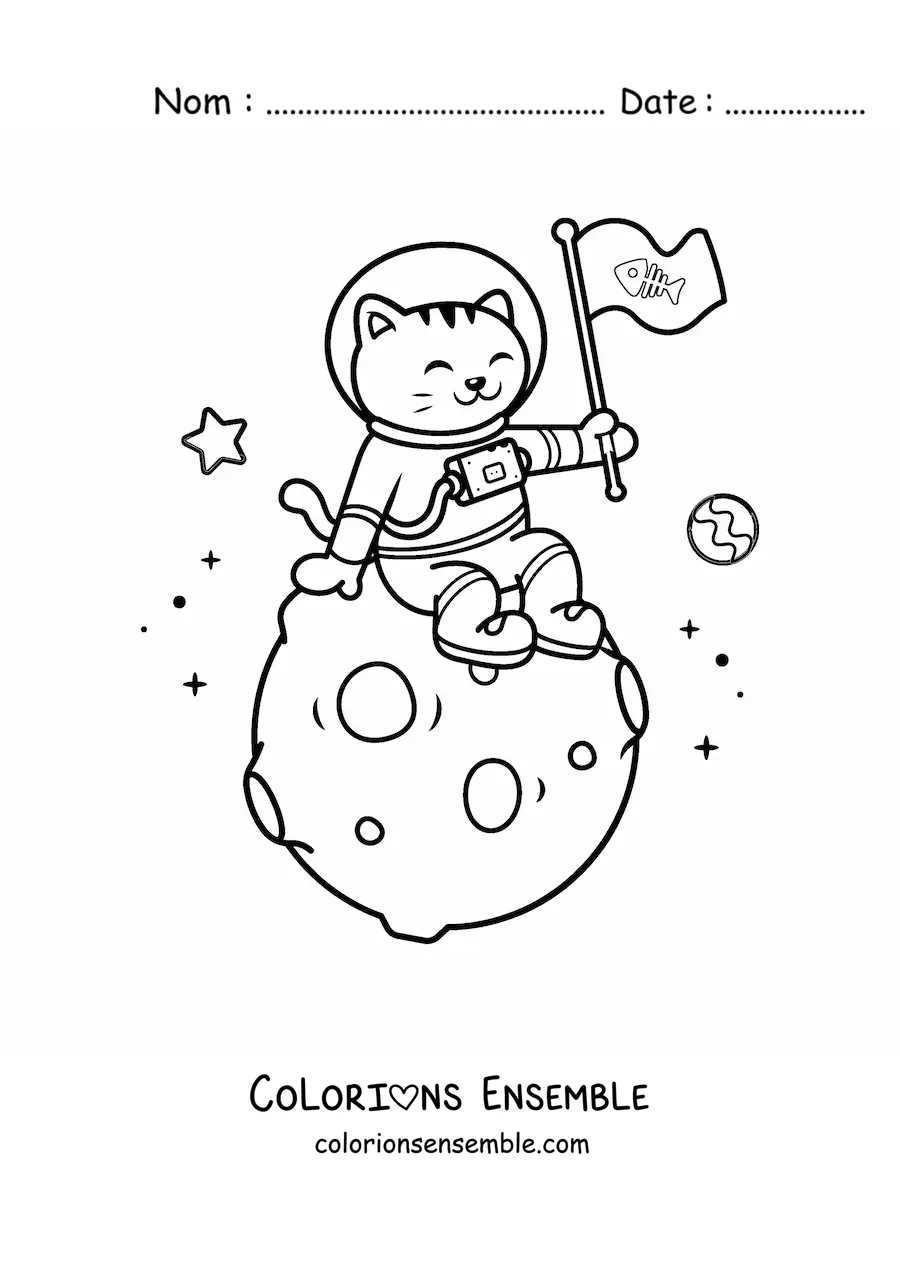 Coloriage d’un chat astronaute kawaii animé sur la Lune
