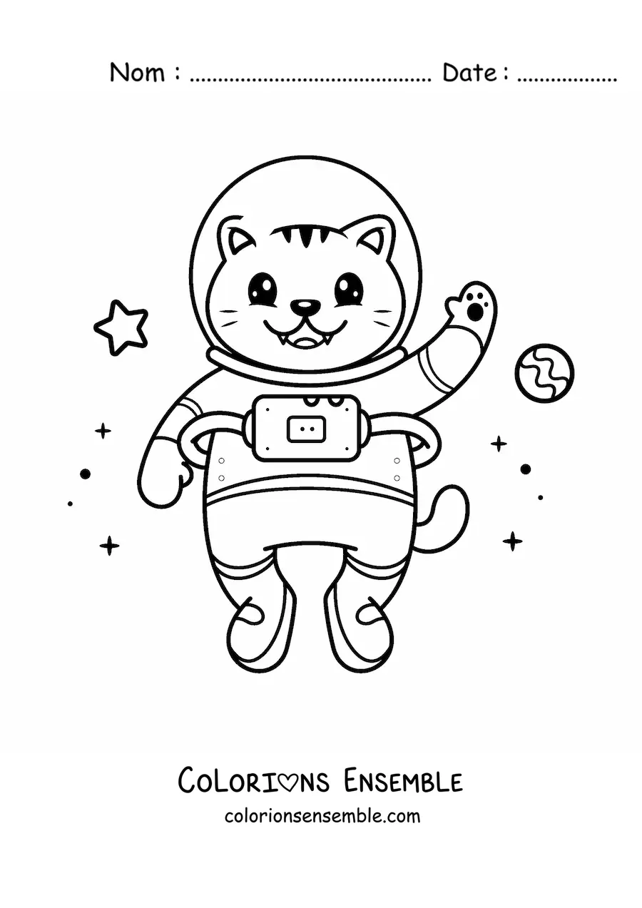 Coloriage d’un chat astronaute kawaii animé dans l’espace