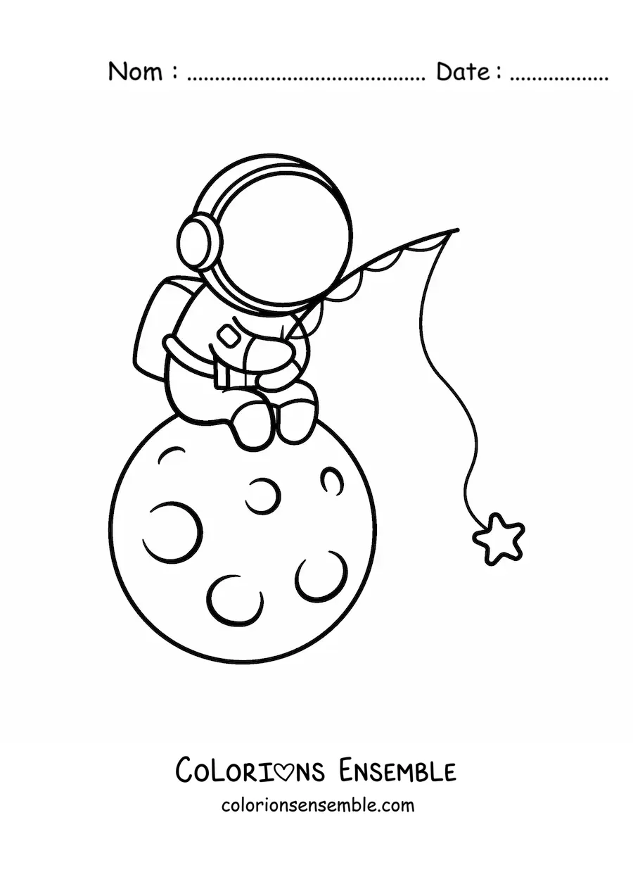 Coloriage d’un astronaute kawaii assis sur la Lune qui pêche des étoiles