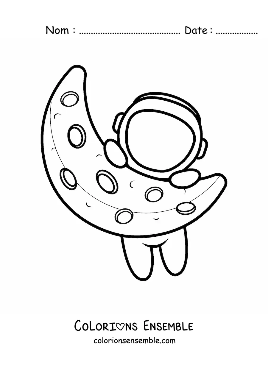 Coloriage d’un astronaute kawaii suspendu à la Lune