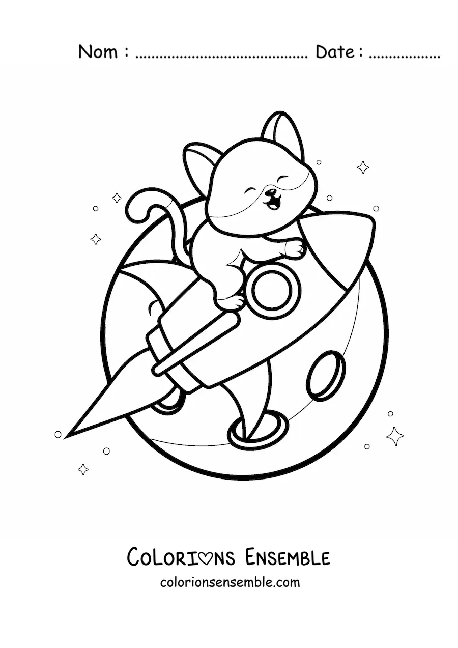 Coloriage d’un chat kawaii animé dans une fusée dans l’espace