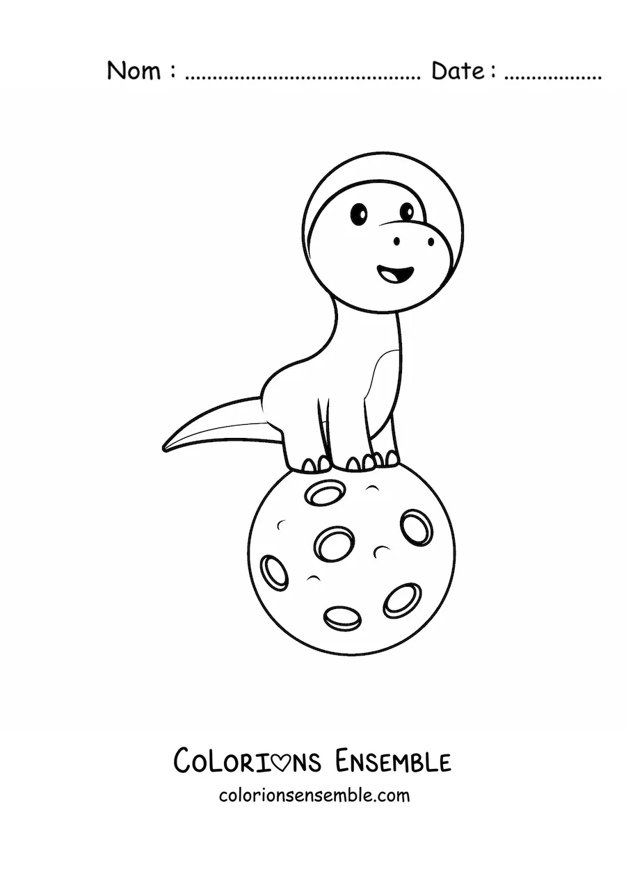 Coloriage d’un dinosaure kawaii animé sur la Lune
