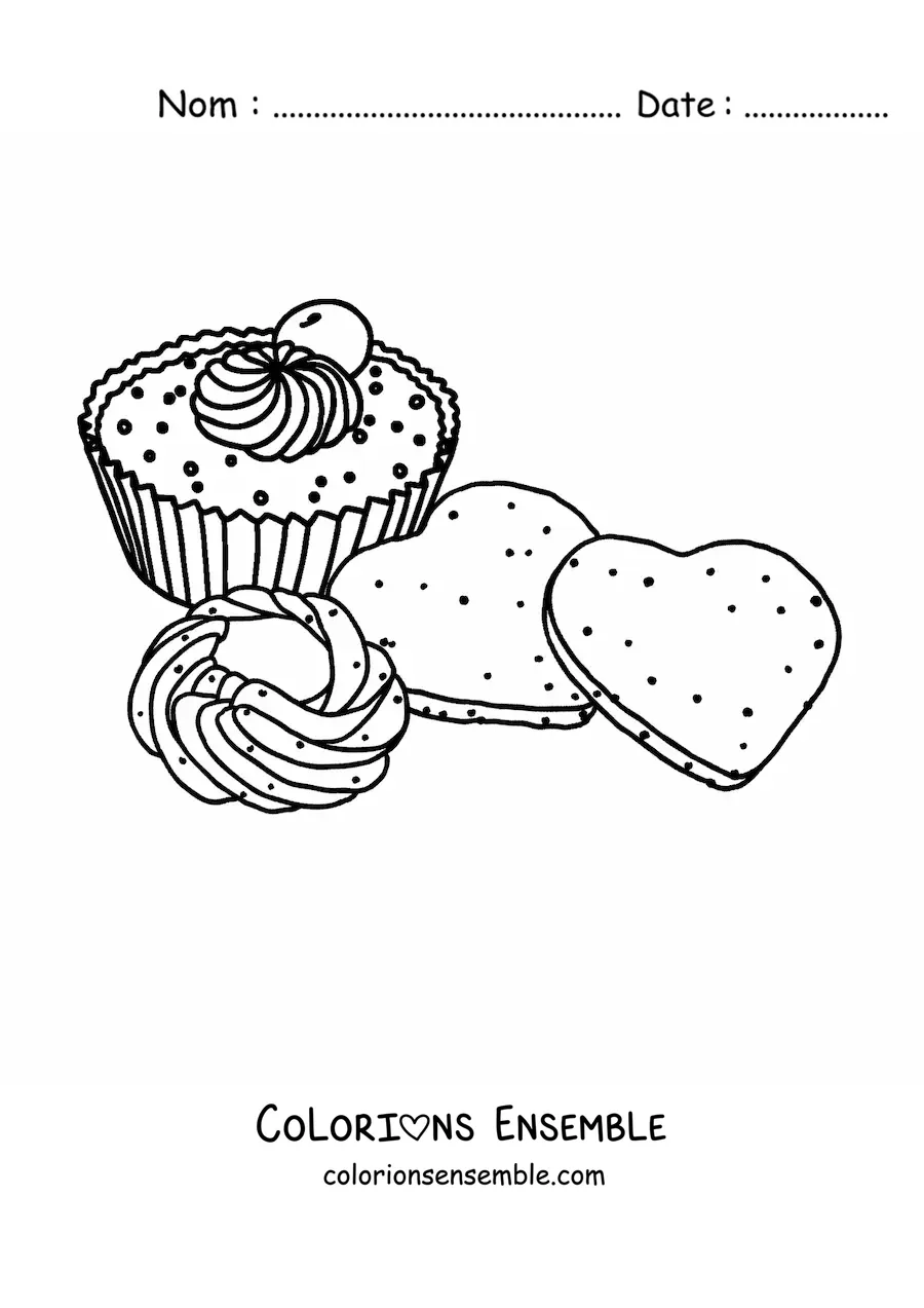 Image à colorier de deux biscuits en forme de cœur et d'un cupcake