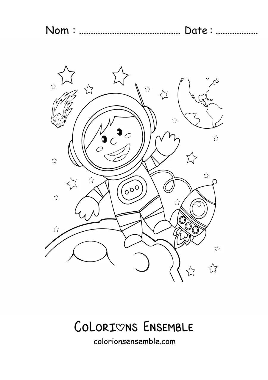 Coloriage d’un astronaute avec la Lune et les étoiles