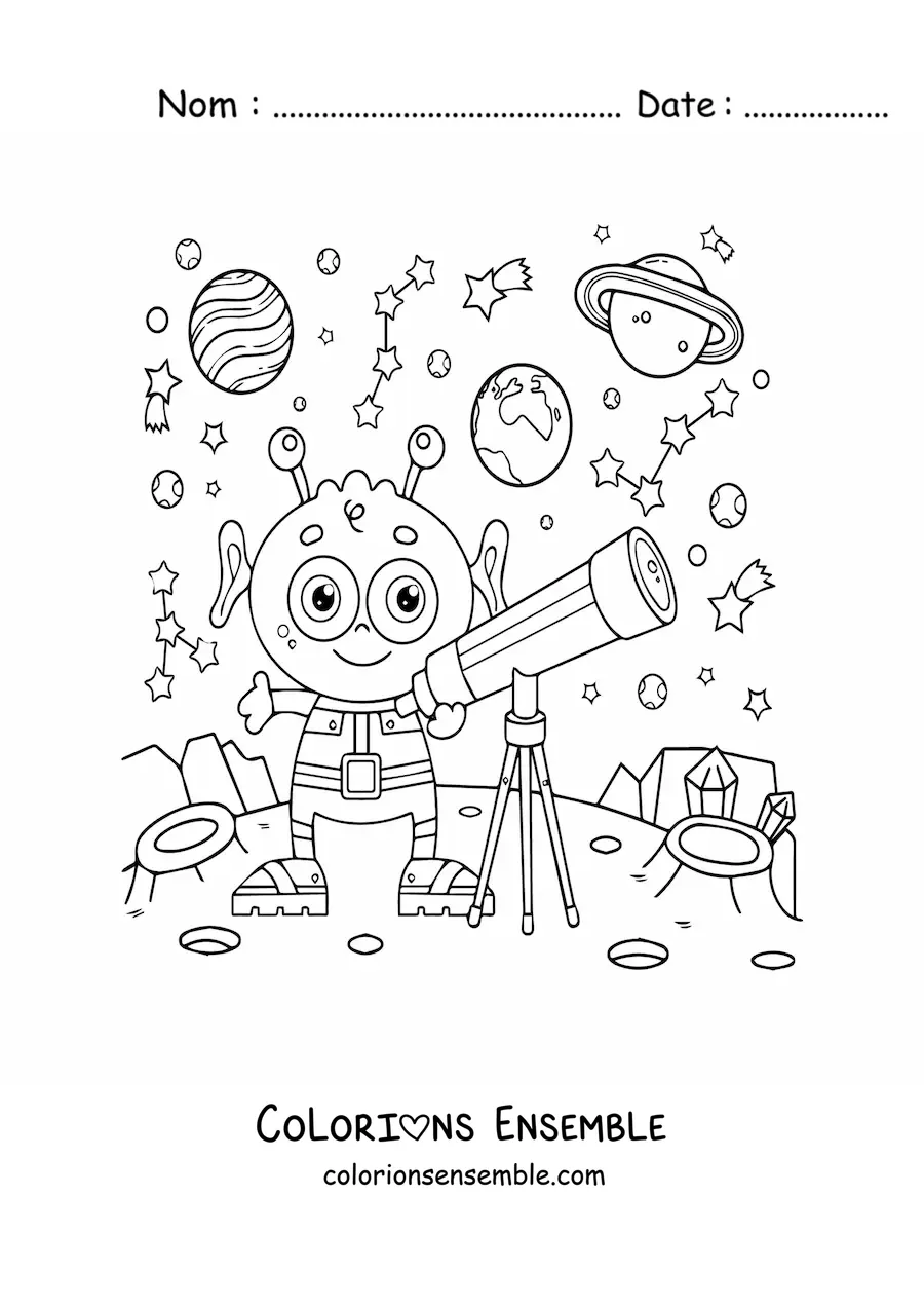 Coloriage d’un extraterrestre avec un télescope