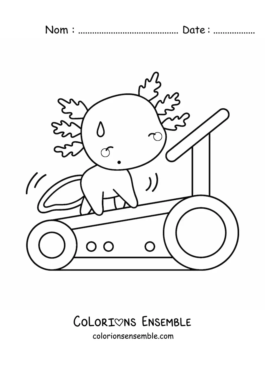 Coloriage d’un axolotl kawaii animé qui s’entraîne sur un tapis de course