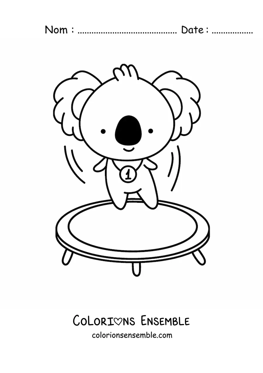 Coloriage d’un koala kawaii animé qui saute sur un trampoline