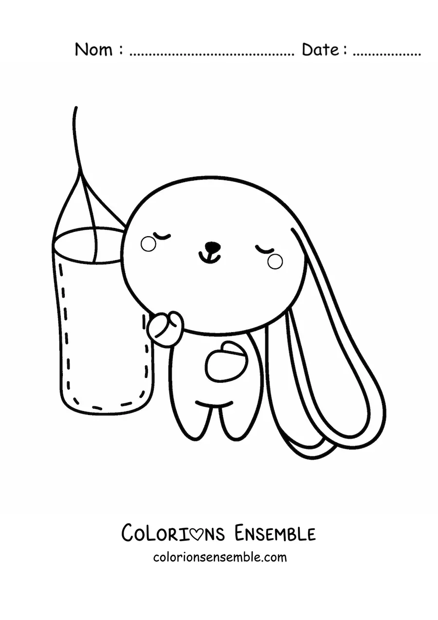 Coloriage d’un lapin kawaii animé qui frappe un sac de boxe