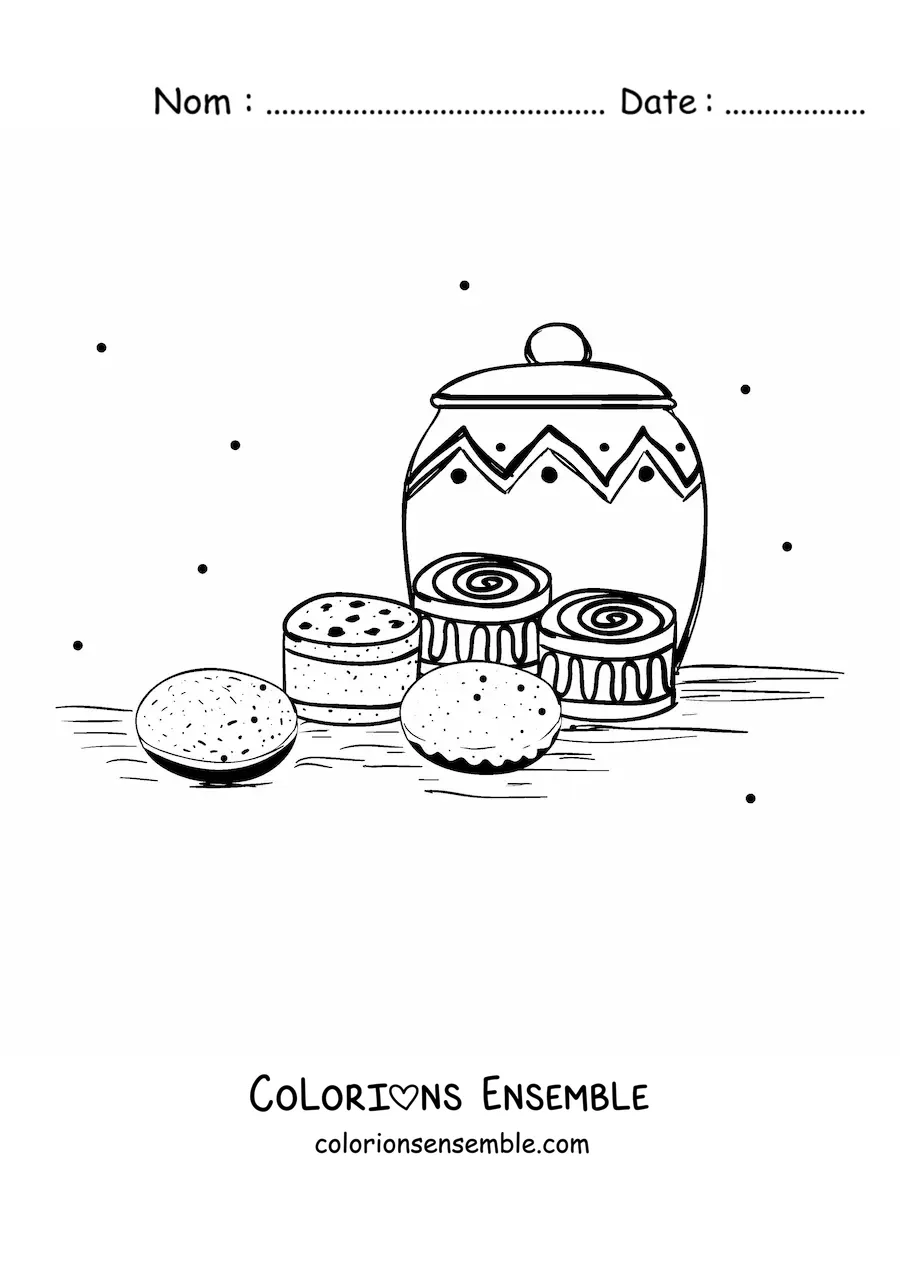 Image à colorier de biscuits et de friandises sur une table avec un bocal décoré en arrière-plan