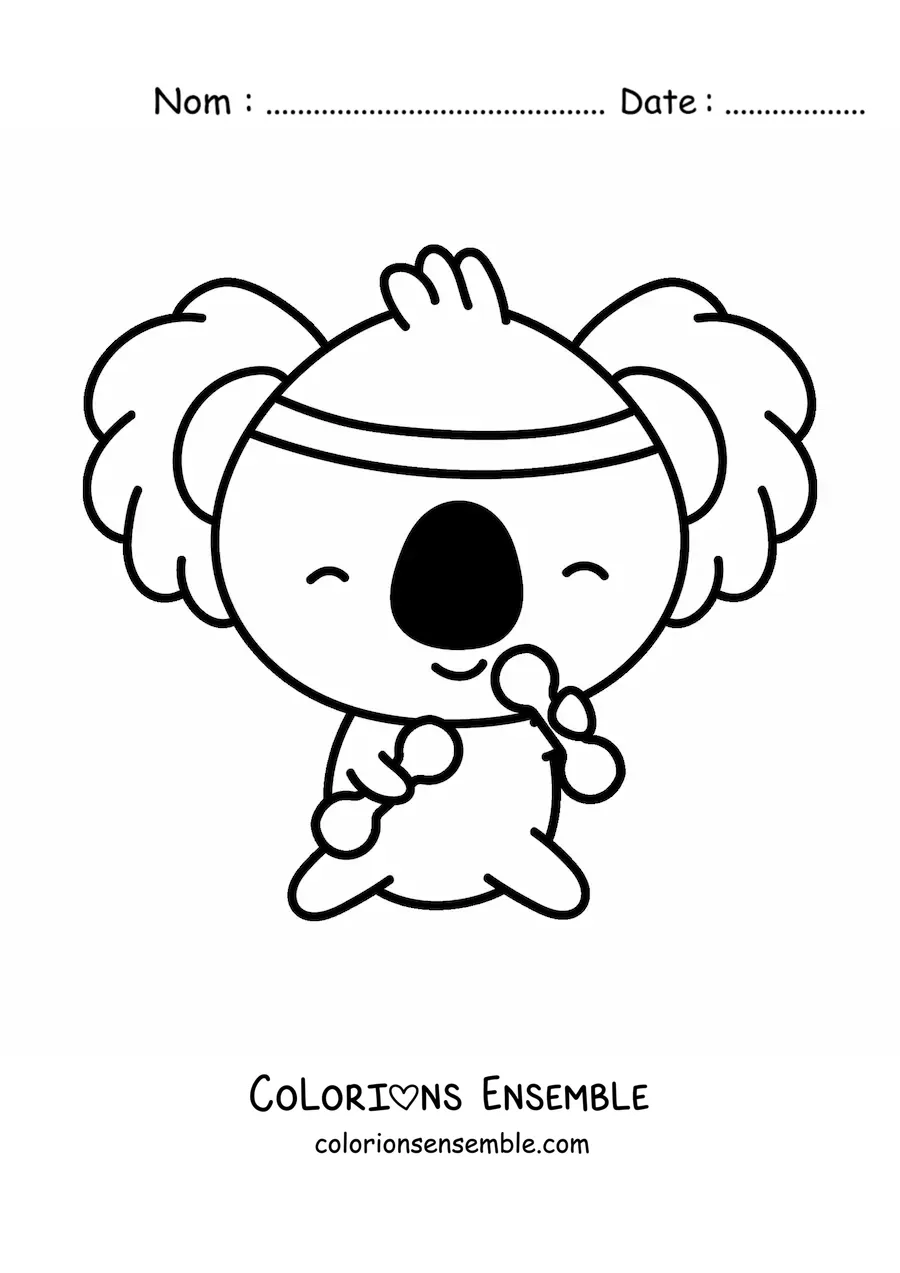 Coloriage d’un koala kawaii animé qui s’entraîne avec des haltères