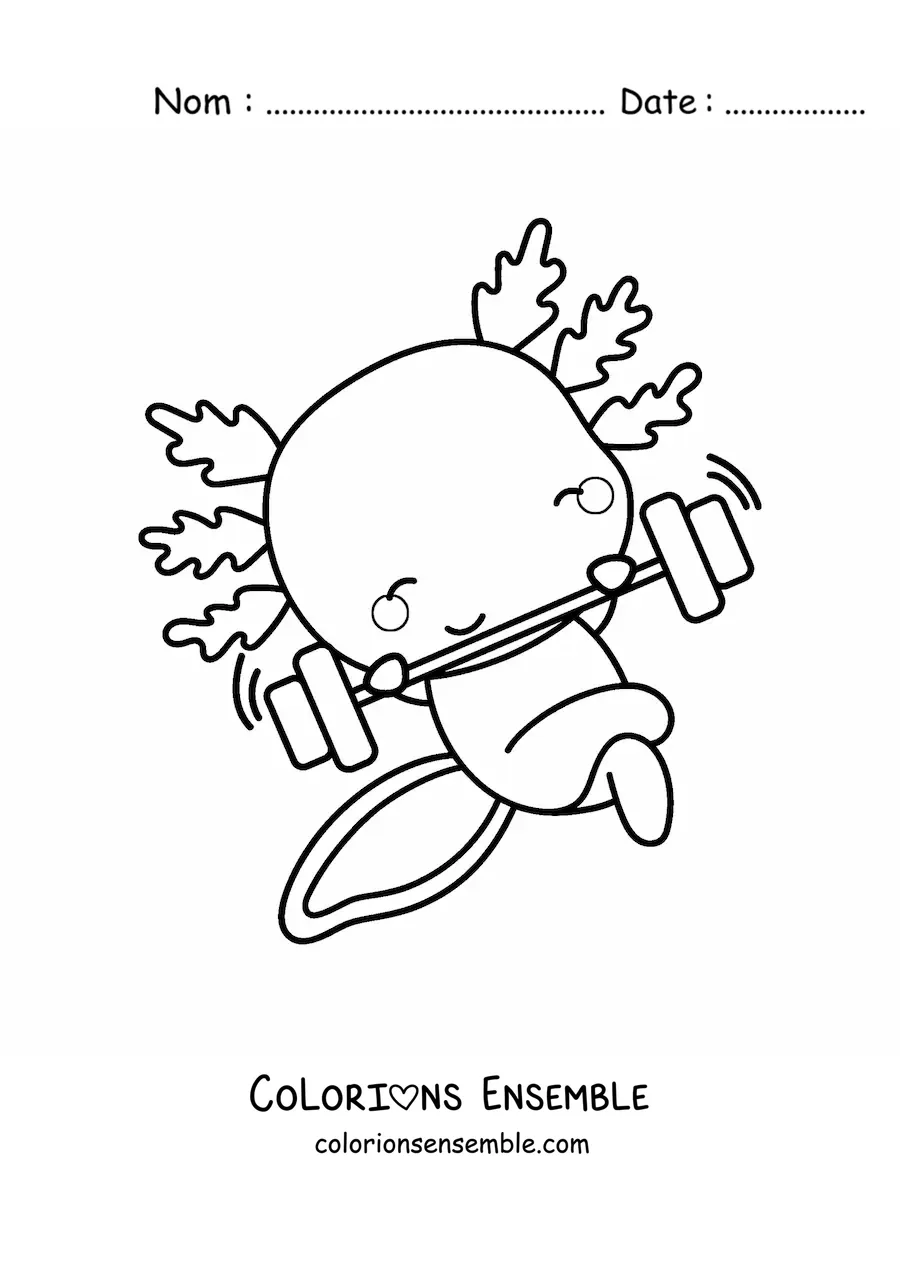 Coloriage d’un axolotl kawaii animé qui s’entraîne avec un haltère