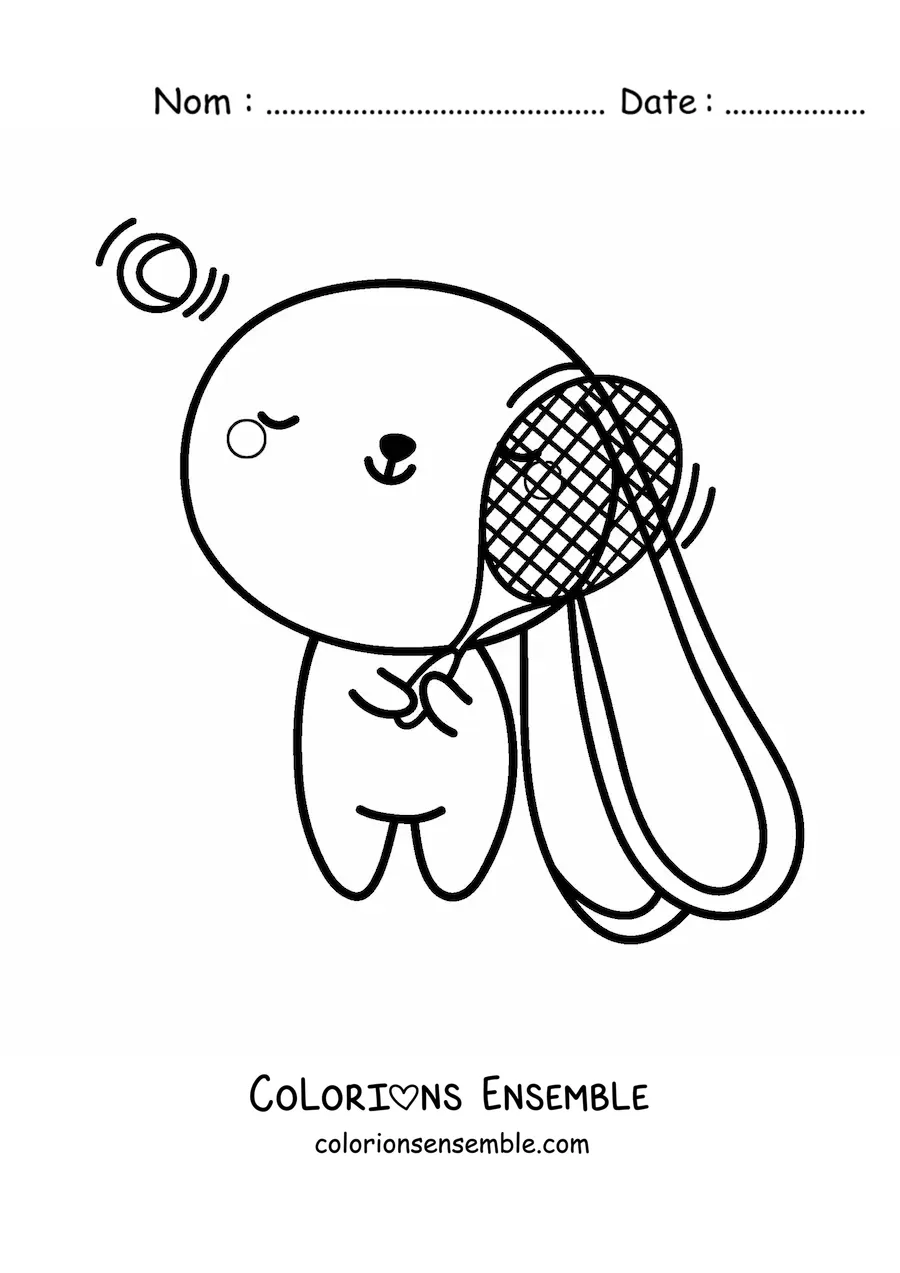 Coloriage d’un lapin kawaii animé qui joue au tennis